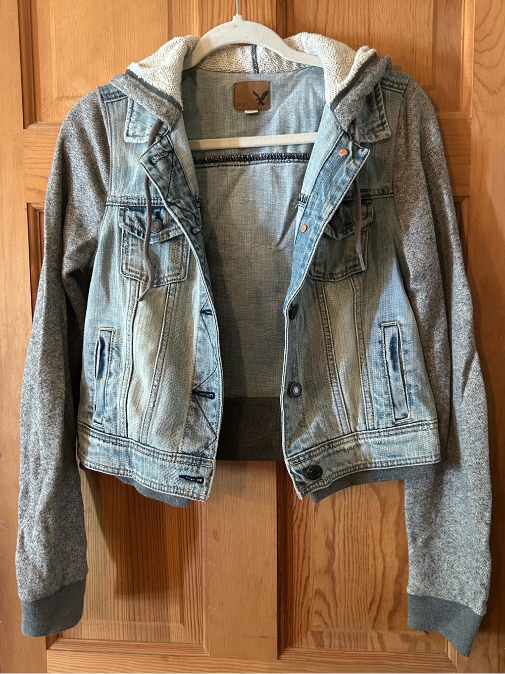 American Eagle Outfitters Light Blue Denim Jacket with Gray Knit Sleeves